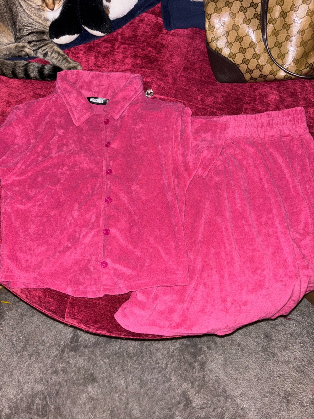 Missguided Hot Pink Terry Button-Down Shirt and skirt co-ord set size 10